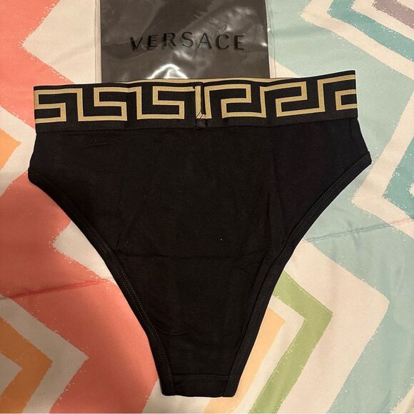 NWT XS Versace Black Greca High-Rise Briefs Panties Cotton - Size: 1 (X-Small) - Picture 9 of 13